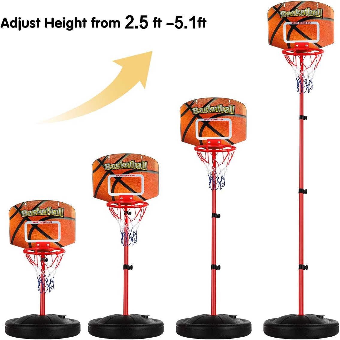 Toddler Basketball Hoop Stand Adjustable Height 2.5 ft -5.1 ft Mini Indoor Basketball Goal Toy with Ball Pump for Baby Kids Boys Girls Outdoor Play Sport for Age 2 3 4 5 Years Old: Toys & Games