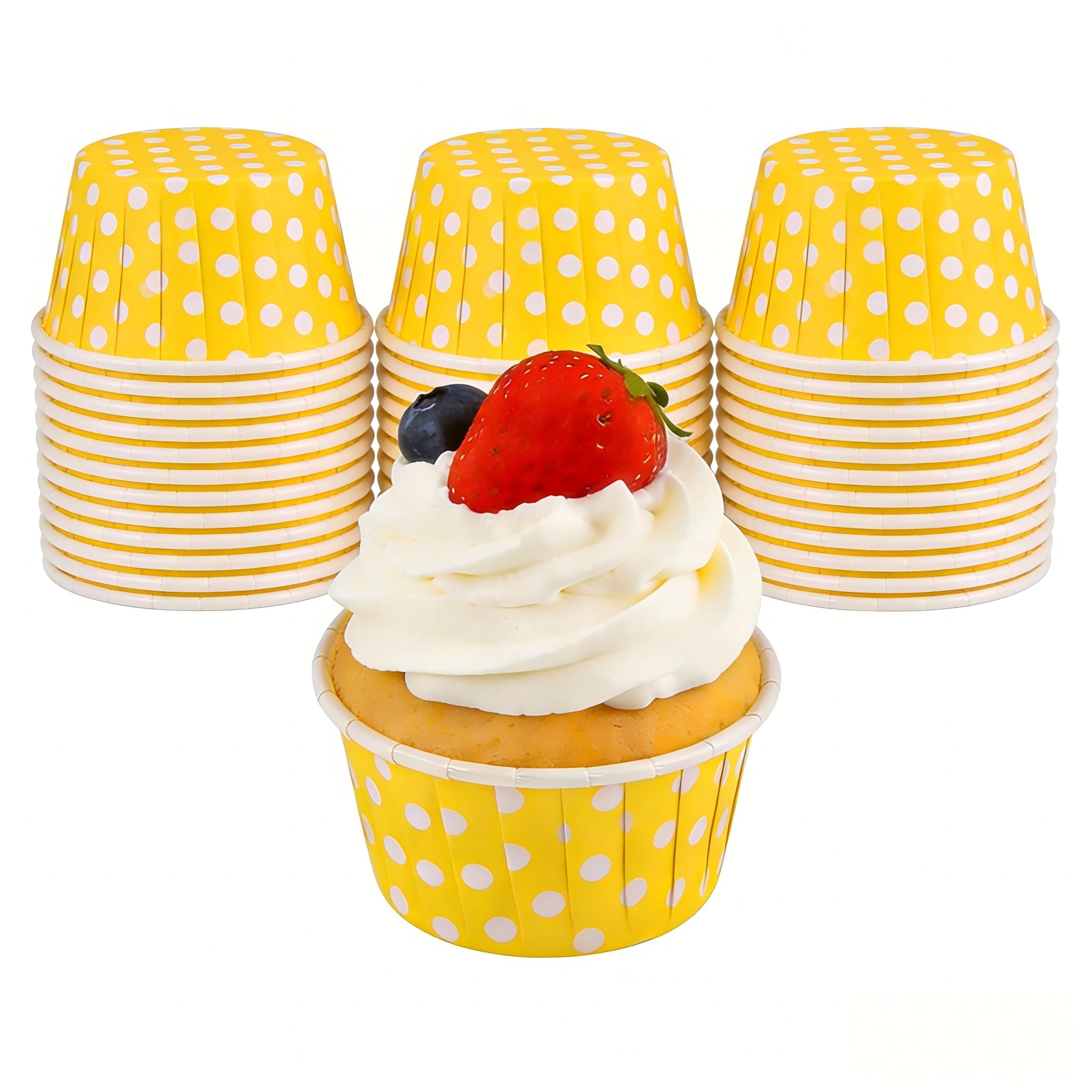 100pcs Mini Yellow Polka Dot Baking Cases - Greaseproof & Non-Stick Disposable Paper Cups for Cupcakes, Muffins, Fairy Cakes - Home, Party, Birthday, Christmas Baking Supplies