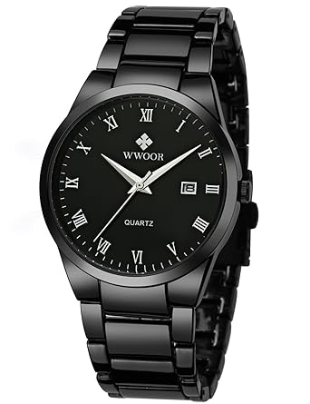Wwoor Mens Watches Big Dial Auto Date Black Stainless Steel Strap Quartz Wrist Watch 8830 Black