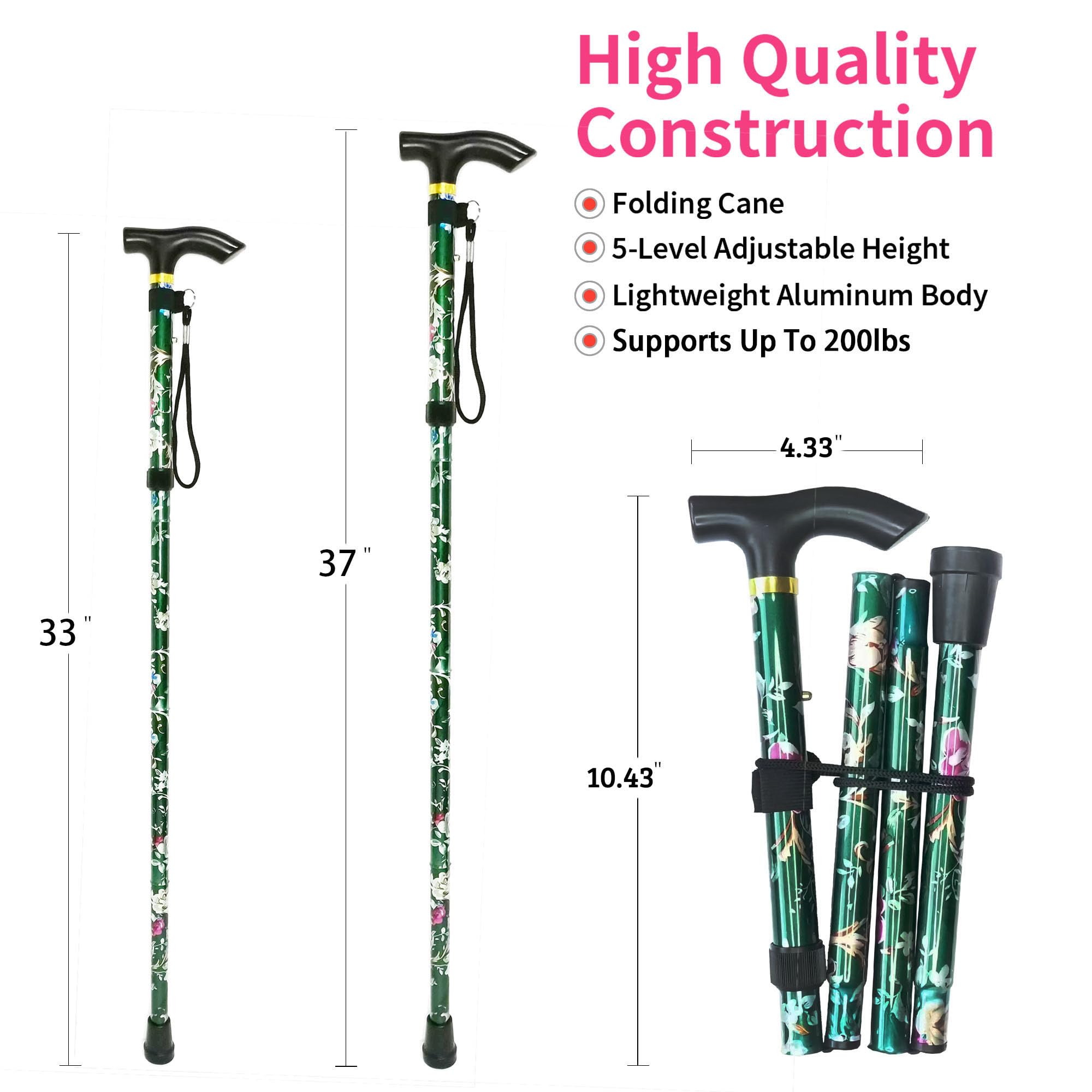 Folding Cane, 5-Level Adjustable Height Lightweight Portable Foldable Walking Canes with Wrist Strap and T Handle for Men Women Seniors