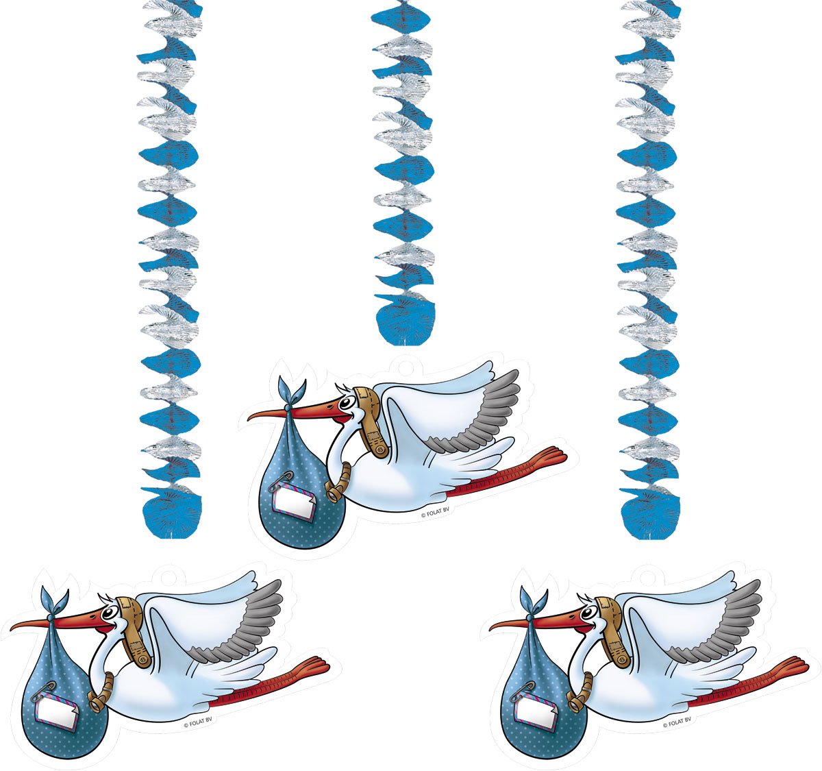Decoration New baby Celebration Its a Boy. Blue and White Hanging Decorations with Stork Cut Out, Pack of 3 — image 1