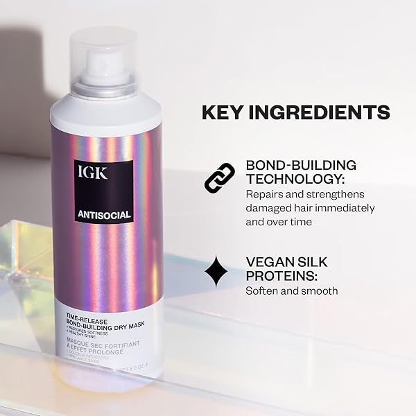 IGK – ANTISOCIAL – HAIR MASK FOR DAMAGED HAIR – BOND BUILDING OVERNIGHT HAIR REPAIR TREATMENT FOR SPLIT ENDS, DRY HAIR & HAIR EXTENSION CARE – STRENGTHENS, HYDRATES AND ADDS SHINE – 5.0 OZ