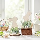 Fiwochic 2pcs Farmhouse Easter Bunny Table Centerpiece Decor Wood Bunny Easter Decoration Retro White Rabbit with Artificial Green Plant Base Flower Table Signs Decor for Home Party Cute Gifts