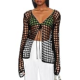 Saodimallsu Womens Long Sleeve Swimsuit Coverup Crochet Hollow Out Tie Front Swim Cover Up Knit Cardigan