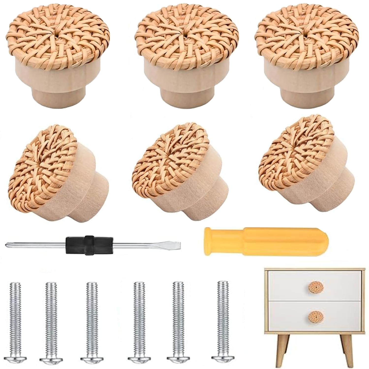 RXKFIGX 6 Pcs Boho Rattan Drawer Knobs Round Wood Drawer Knobs Handmade Woven Wicker Knobs Wooden Chest of Drawers Knobs Round Cabinet Knobs for Cupboard, Drawers, Living Room, Kitchen
