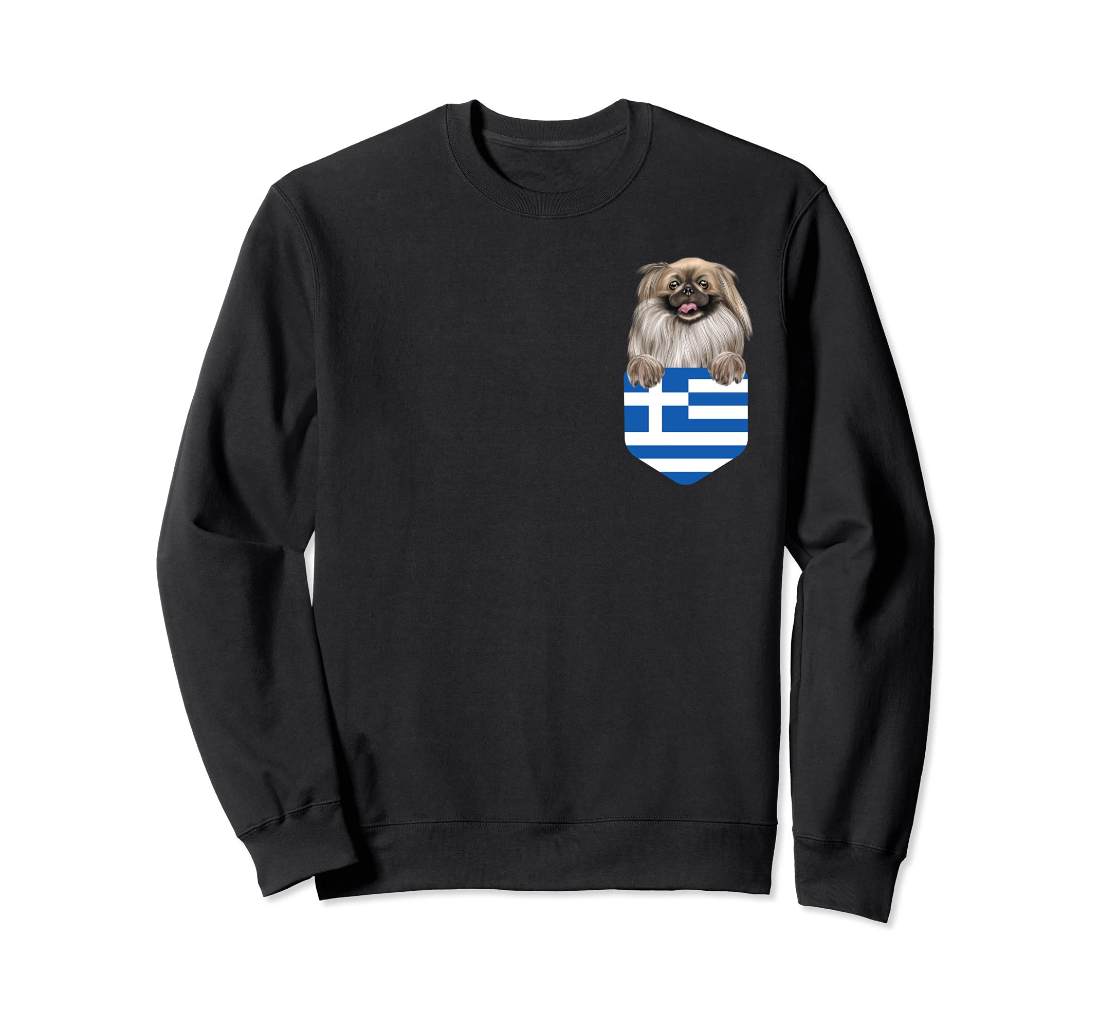 Greece Flag Pekingese Dog In Pocket Sweatshirt