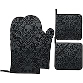 NELife Victorian Gothic Black Skull Damask Oven Mitts and Pot Holders Sets of 4,Resistant Hot Pads with Polyester Non-Slip BBQ Gloves for Kitchen,Cooking,Baking,Grilling