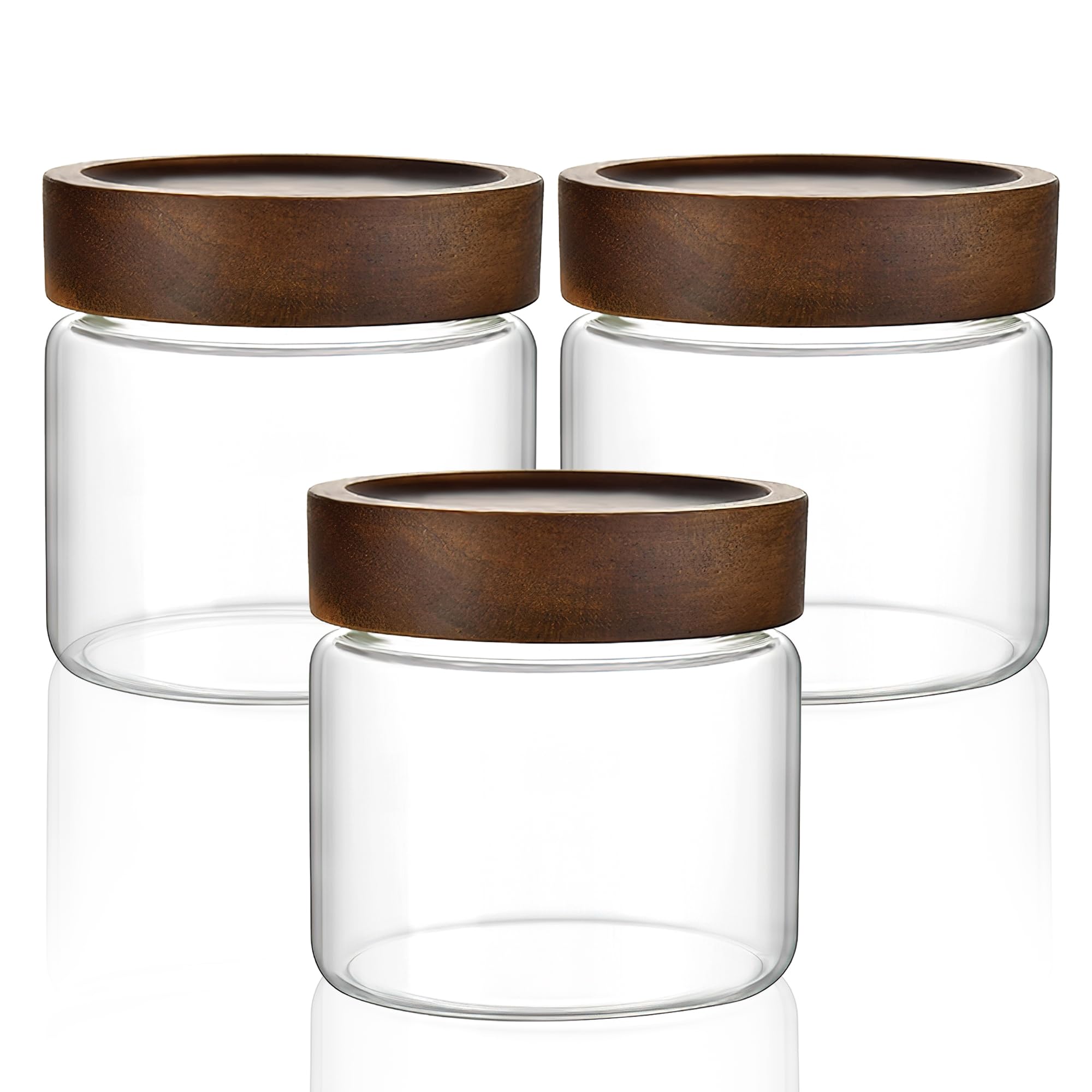 Photo 1 of MOLADRI 3 Pack 17 oz/500ml Clear Glass Storage Canister with Airtight Wooden Screw On Lid, Small Cute Decorative Glass Container Jar Set for Coffee, Candy, Cookie, Condiment, Pepper, Sugar, Oatmeal