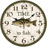 ArogGeld Time to Fish Wooden Clock Smallmouth Bass Beach Decor Ocean Coastal Wooden Decorative Wall Clocks Battery Operated Quartz 10Inch Wall Clocks Shabby Chic Ocean for Living Room Bedroom