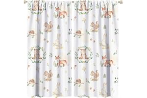 JRETAILAX Watercolor Woodland Baby Animals Curtains,Cartoon Cute Forest Wildlife Squirrel Bunny Fox Bear Window Treatments Thermal Insulated Rod Pocket Blackout Drapes for Bedroom 2 Panels 45L x 21W