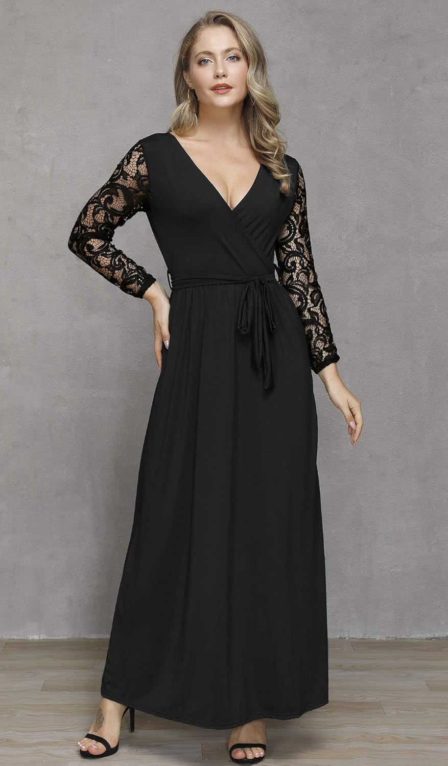 Spadehill Women's Faux Wrap V-Neck Lace Sleeve Maxi Dresses: Clothing