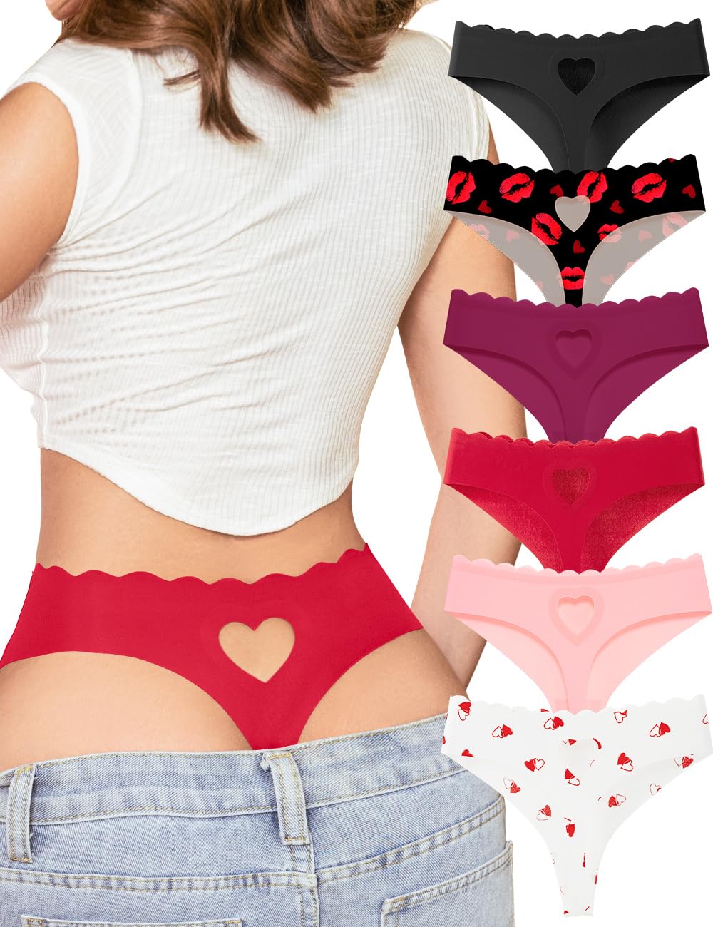 Photo 1 of Derisaly Womens Seamless Thongs Underwear No Show Thong Wave-waisted Invisible Panties Comfy Heart Cutout for Ladies 6 Pack (US, Alpha, Large, Regular, Regular, Merry Love 6Pack)