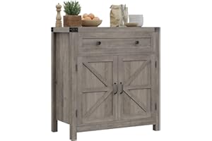 HOSTACK Coffee Bar Cabinet, Kitchen Storage Cabinet, Modern Farmhouse Buffet Sideboard with Drawer and Adjustable Shelf, Barn Door Accent Cabinets for Kitchen, Dining Room, Entryway, Ash Grey