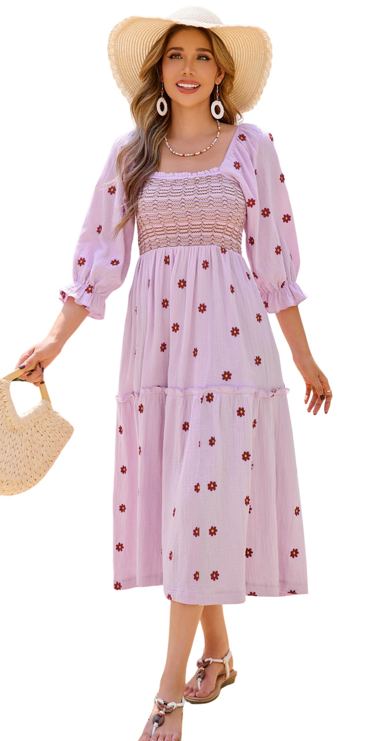 Photo 1 of R.Vivimos Women's Long Sleeve Cotton Boho Midi Dress Vintage Square Neck Floral Embroidered Tiered Ruffle Flowy Pockets Dress (X-Large, Red)