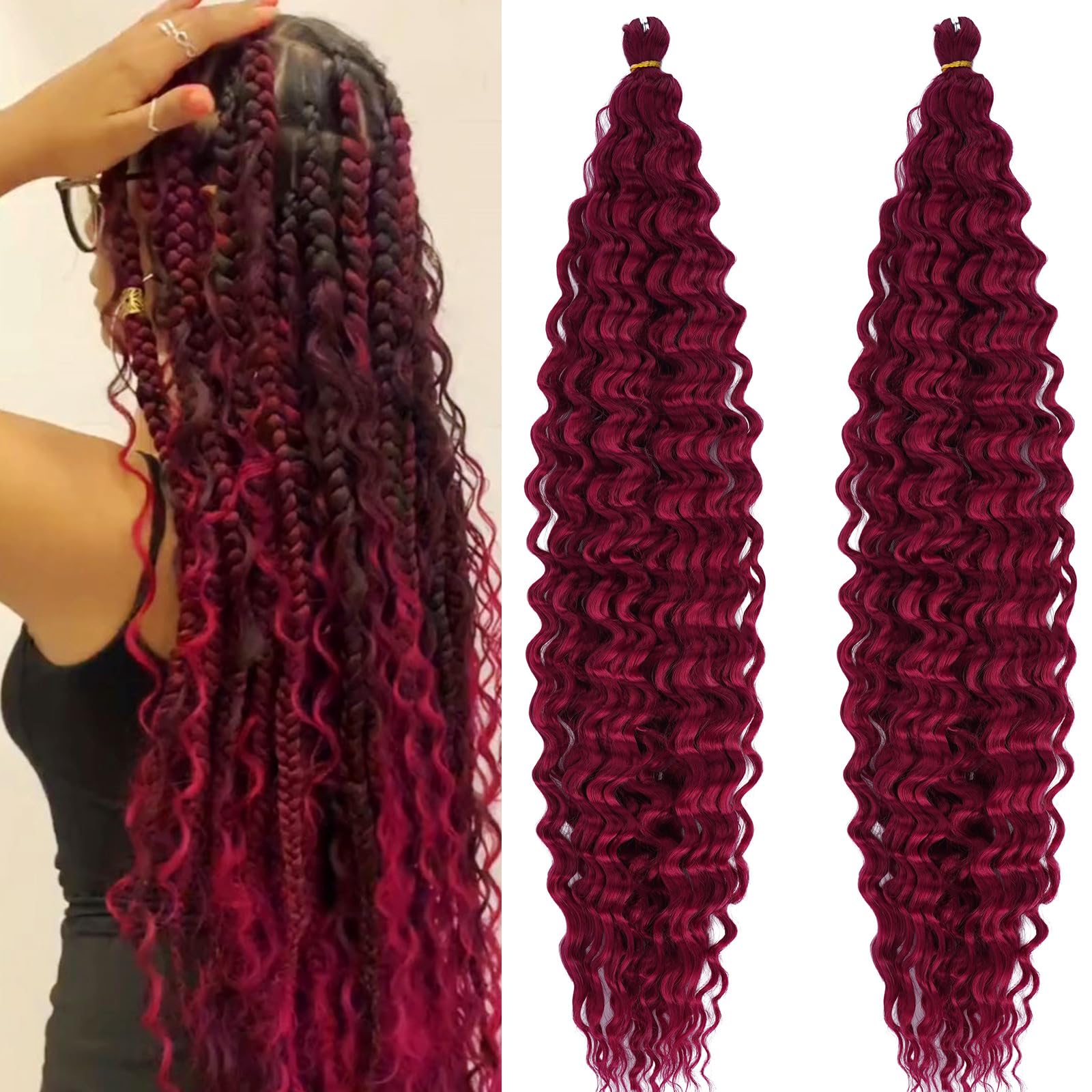 Photo 1 of UPruyo Deep Wave Crochet Hair Ocean Wave Braiding Hair Boho Braids Synthetic Burgundy Curly Wavy Braiding Hair Pre Stretched 24 Inch 2 Packs Bohemian Crochet Braids Hair Extensions