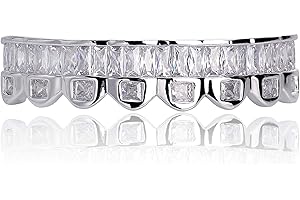 TOPGRILLZ Diamond Grillz Men Gold Grills for Your Teeth Iced out Hip Hop 14K Gold Plated Baguette Cubic Zirconia 8 Teeth Top and Bottom Grillz for Women Rapper Costume