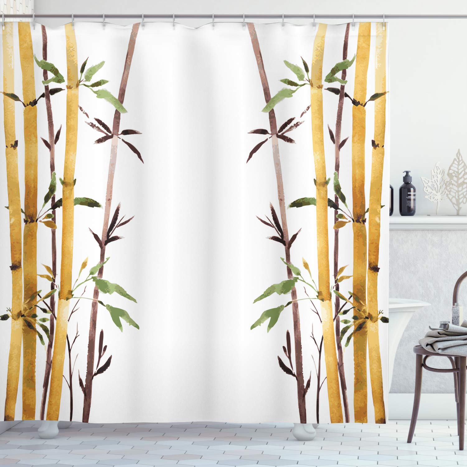 ABAKUHAUS Bamboo Shower Curtain, Bamboo Grove Calm Your Mind Slow down Relax Hand Drawn Style Artwork, Cloth Fabric Bathroom Decor Set with Hooks, 94 Inches, Cream Brown White