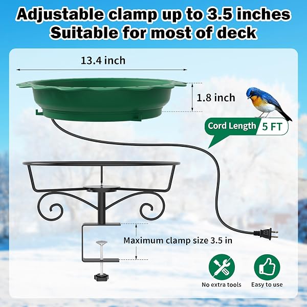 JVGOO HEATED BIRD BATH FOR DECK RAILING, POWERFUL 100W THERMOSTATICALLY CONTROLLED HEATED BIRD BATHS FOR OUTDOORS FOR WINTER, HEATED BIRDBATH WATER HEATER FOR OUTSIDE GARDEN YARD PATIO LAWN (GREEN)
