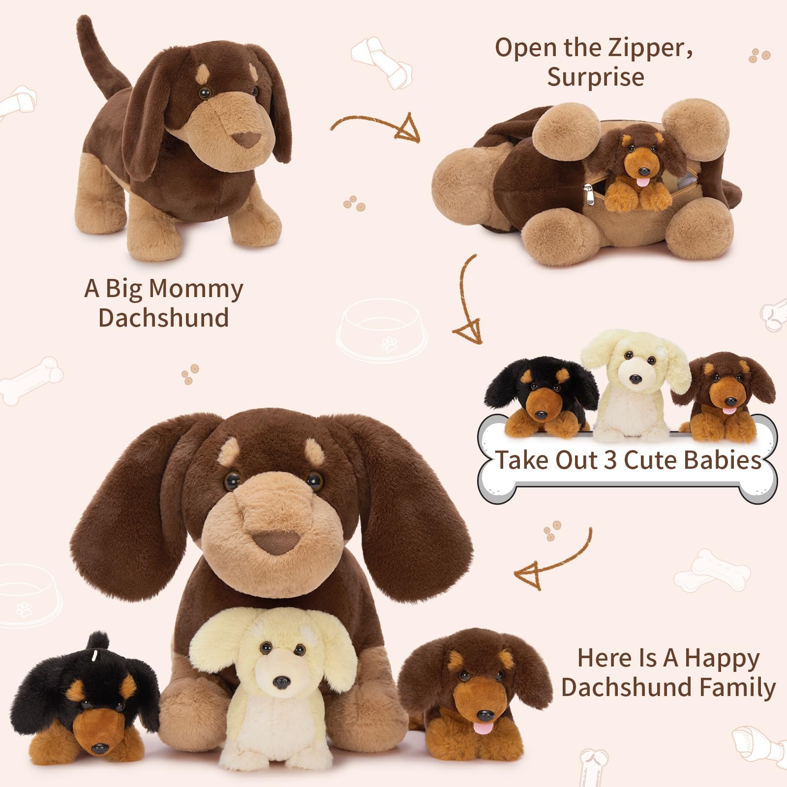 MorisMos Dackel Hund Kuscheltier XXL mit 3 Baby im Bauch, groß plüsch dackel plüschtier stofftier, schwarz wursthund Geburtstag Weihnachten Geschenk Kinder 5