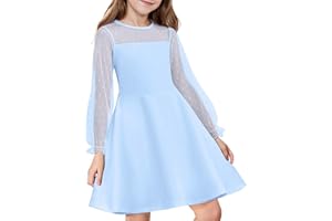 Flypigs Girl's Dress Sheer Mesh Puff Long Sleeve High Waist Party Dresses with Pockets for 6-13 Years