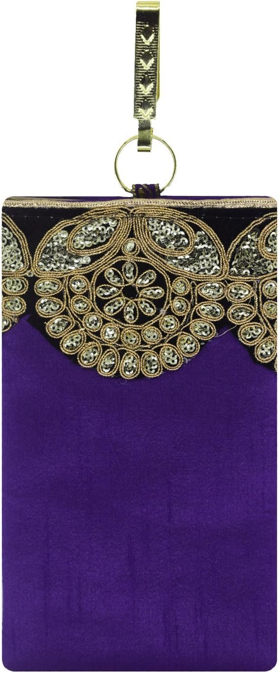 Bagaholics Ethnic Raw Silk Embroidery Saree Clutch Mobile Pouch with Waist Clip Ladies Purse Gift For Women