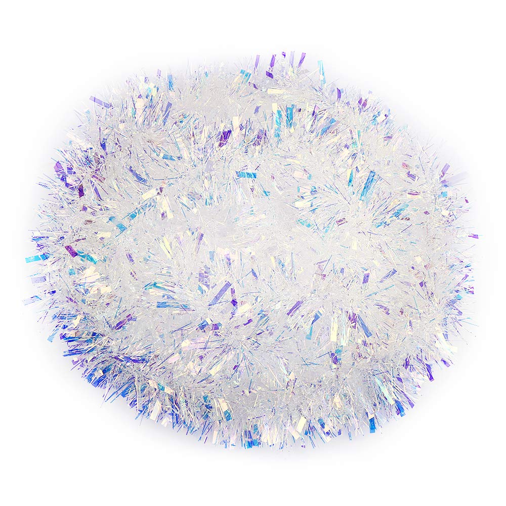 VEYLIN 6 Maters Metallic White Tinsel Xmas Decoration Tinsel for Christmas Tree Home Office Supplies (Rainbow White)