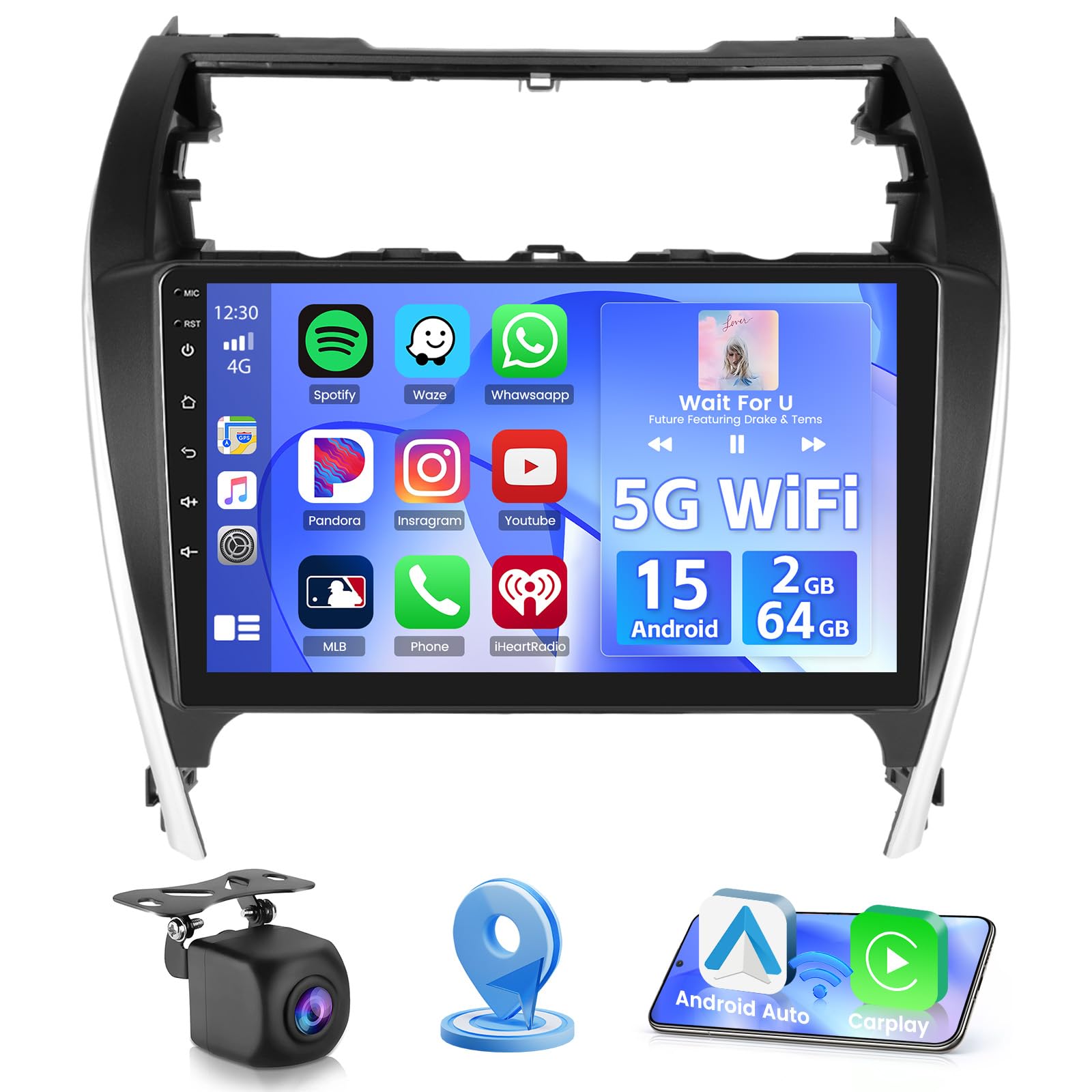 Photo 1 of Android 15 Car Stereo for Toyota Camry 2012 2013 2014, [2+64GB] Hikity 10.1" Touchscreen Car Radio 5G WiFi with Wireless Carplay Android Auto, Mirror Link GPS Bluetooth SWC Backup Cam FM Mic