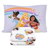 Sunny Side Up Disney Princess Twin Sheet Set - 3 Piece Kids Bedding Set Includes Pillow Cover &ndash; Super Soft Rainbow Microfiber Sheets Features Moana, Belle &amp; Rapunzel