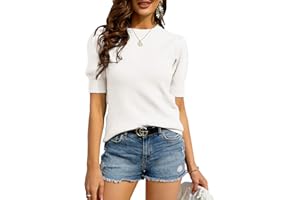Bodosalia Womens Puff Short Sleeve Sweater Crew Neck Pullover Tops Ribbed Knit Sweater Blouse