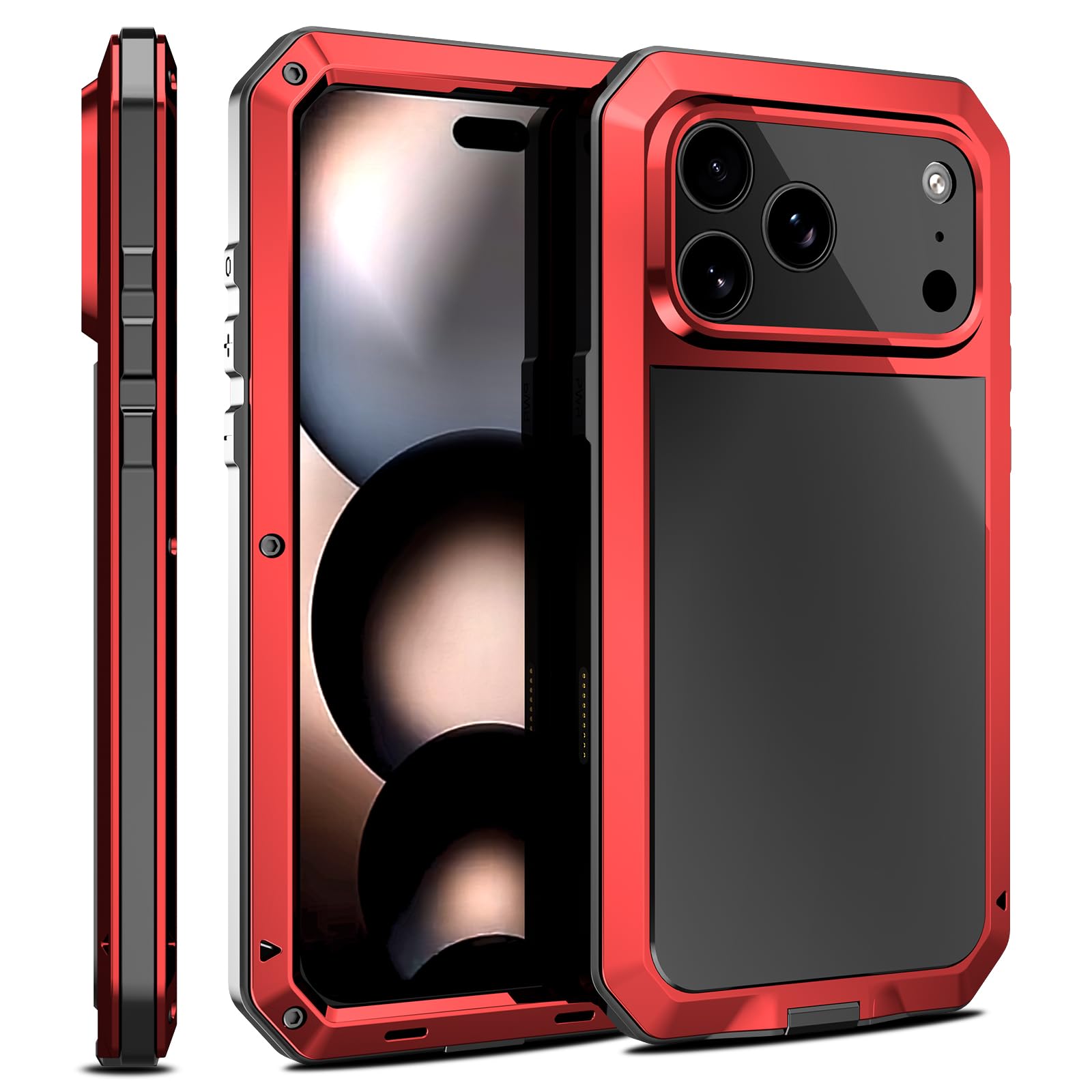 Marrkey Compatiable with iPhone 17 Pro Max Case,360 Full Body Protective Cover Heavy Duty Shockproof [Tough Armour] Aluminum Alloy Metal Case with Silicone Built-in Screen Protector - Red