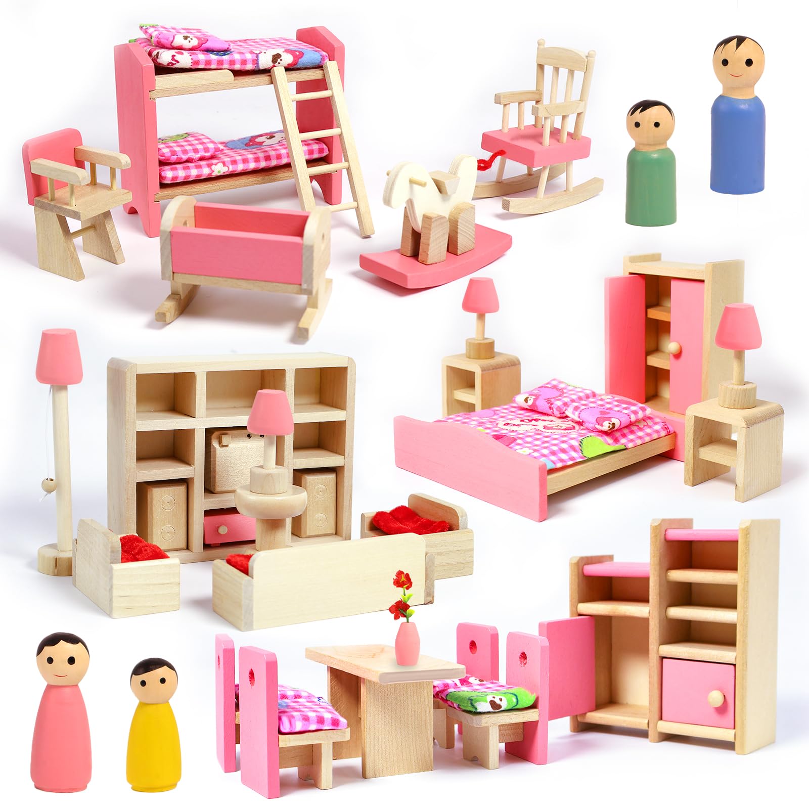 33PCS Wooden Dollhouse Furniture Set,Doll House Furniture with 4 Family Dollss,Including Children's Room,Bedroom,Living Room,Dining Room Accessories for Pretend Play for Boys Girls & Kids