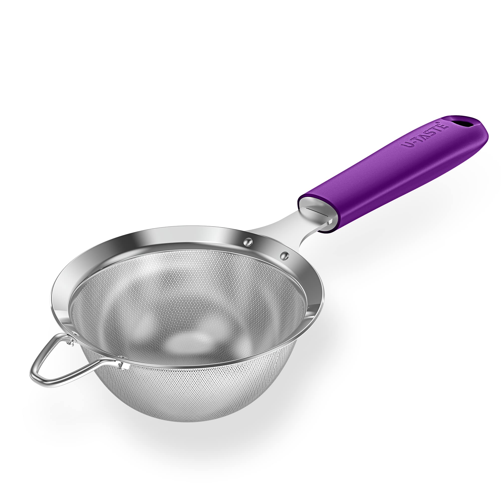 18/8 Stainless Steel Mesh Sieve: U-Taste Kitchen Metal Fine Mesh Sieve Strainer with Riveted Sturdy Silicone Handle and 30 Mesh Hole for Straining Flour, Tea, Coffee, Juice (Purple, 9.9 cm)