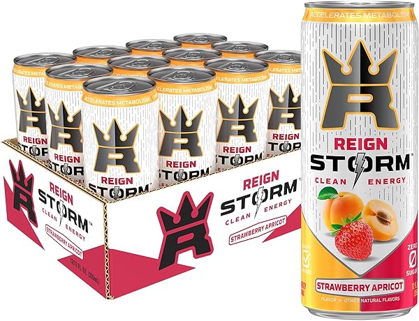 REIGN STORM, STRAWBERRY APRICOT, FITNESS & WELLNESS ENERGY DRINK, 12 FL OZ (PACK OF 12)