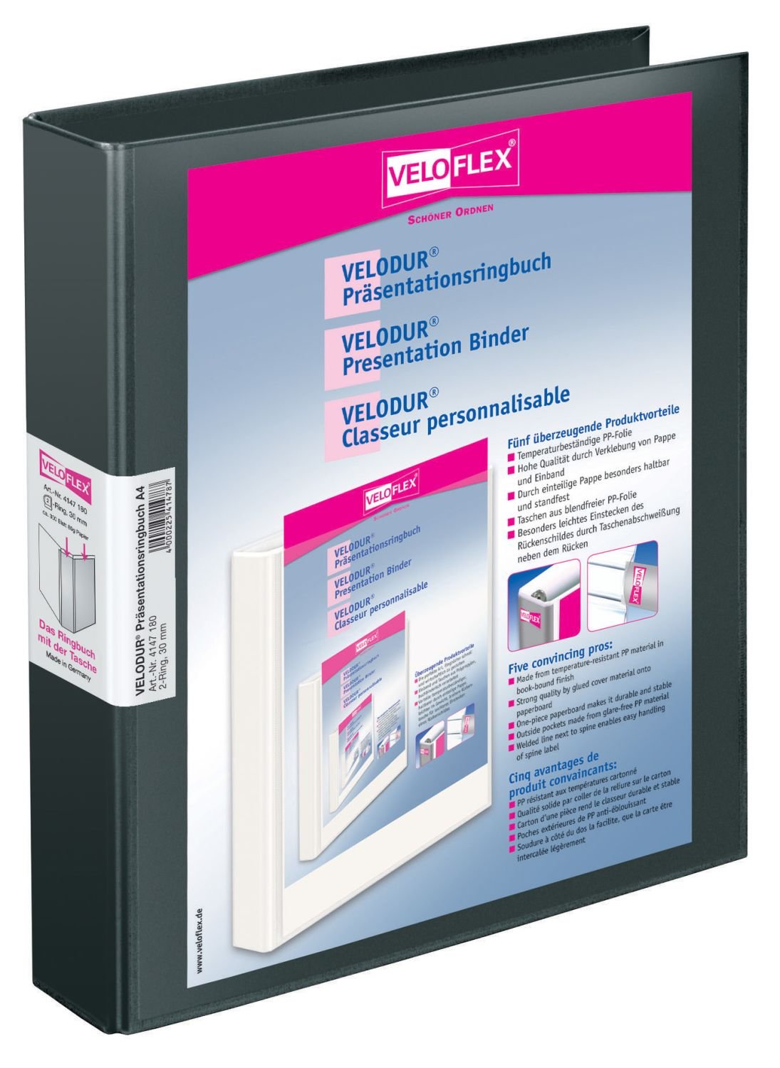 Veloflex VELODUR Presentation Binder – Ring Binders Black Polypropylene (PP) (Polypropylene (PP), Black, 3 cm, 300 Sheets, A4, 80 g/m²)