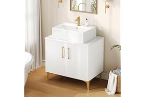 DWVO 30" Bathroom Vanity with Counter Top Sink Combo, Modern Bathroom Storage Vanity Cabinet Set Included Drain, Wooden 2 Large Soft Closing Doors, Gold Handles & Legs, White