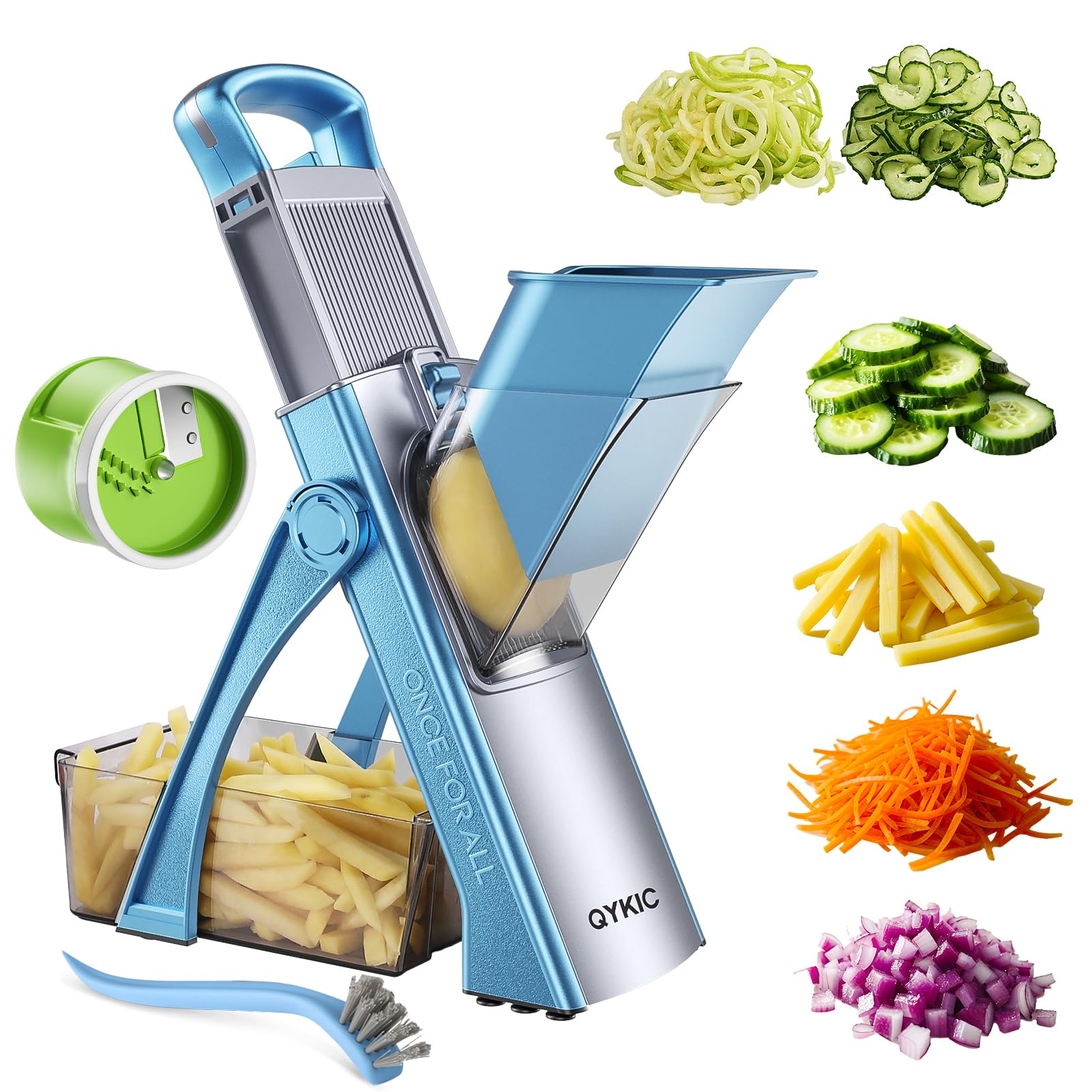 Photo 1 of QYKIC Upgrade Safe Mandoline Slicer for Kitchen, Vegetable Chopper Food Cutter, Potato Slicer Thickness Adjuster, French Fry Cutter, Veggie Dicer Faster With Spiralizerfor Meal Prep Blue
