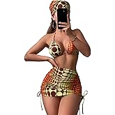 RoseSeek Women's 4 Piece Swimsuits Halter Triangle Bikini Sets Bathing Suit with Mesh Cover Up Skirt & Bandana