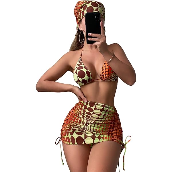 Costume Da Bagno 3 Pezzi Donna Floerns - Bikini Triangolo Halter Con Gonna Copricostume - Stampa Marmo Tinta Unita - 5