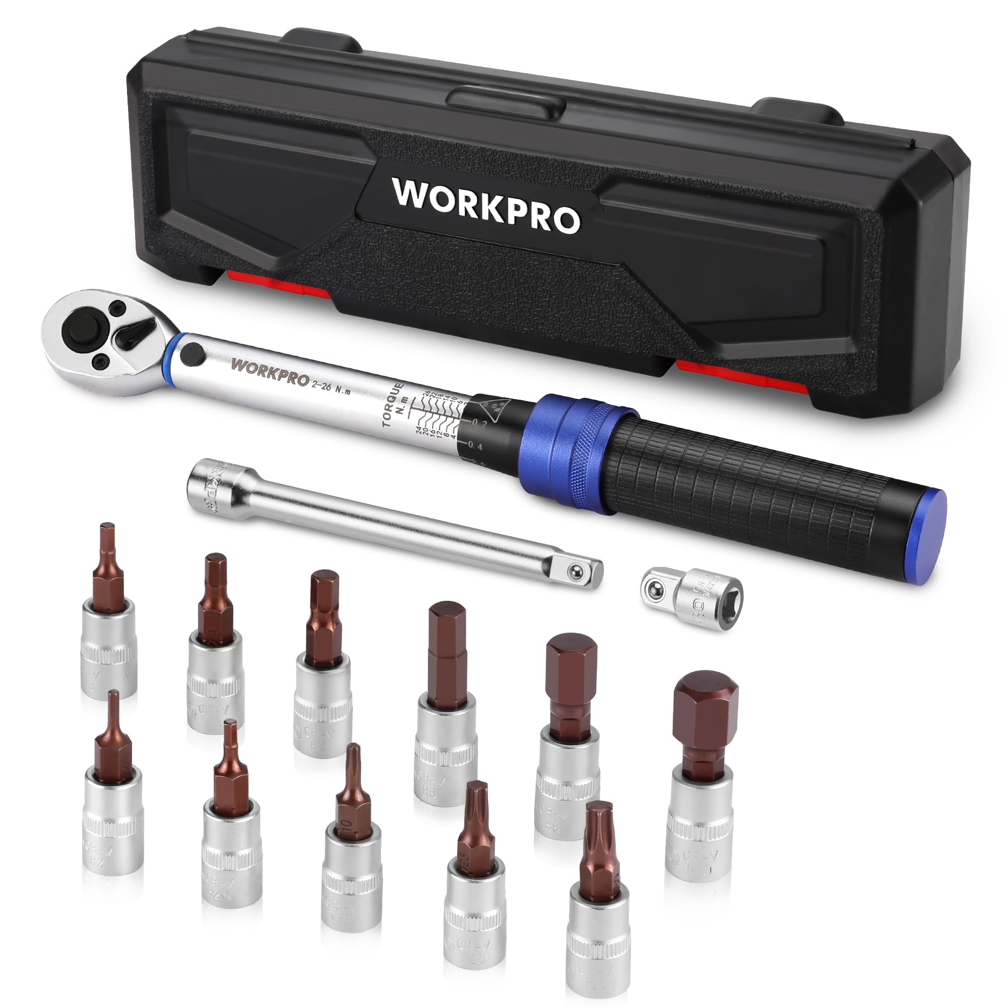 WORKPRO 1/4” Torque Wrench, 14-Piece Bike Torque Wrench Set 2-26 N.m, Torque Wrench Set with Dual Direction Adjustable 72 Teeth, Non-Slip Handle, Extension Bar, Socket Set for Car, Bicycle Repair