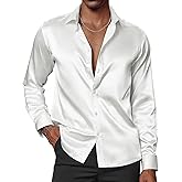 PJ PAUL JONES Men's Shiny Satin Dress Shirts Long Sleeve Button Down Silk Shirt with Bow Tie