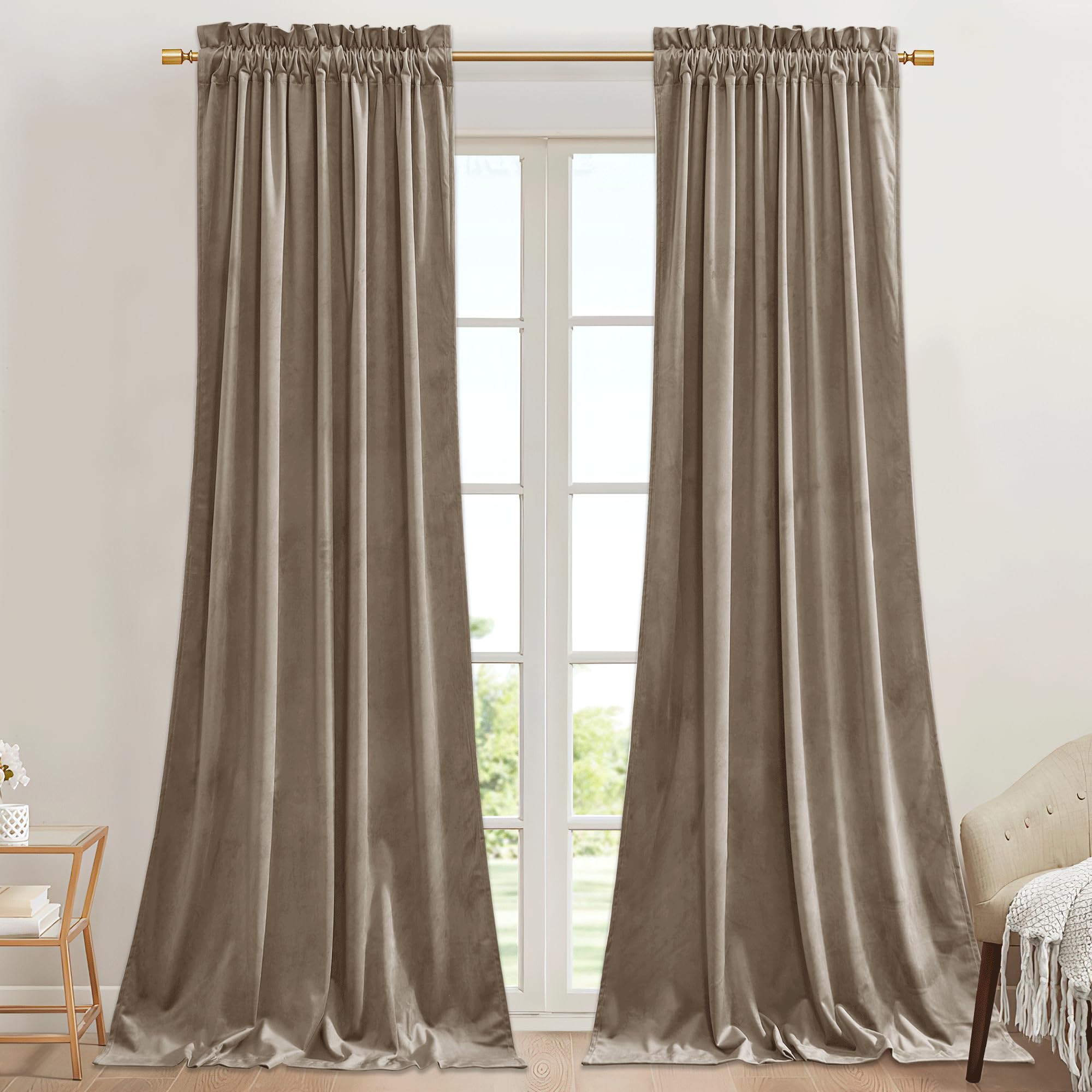 StangH Camel Beige Curtains 90 inches Long Luxury Soft Velvet Thermal Insulated Privacy Assured Curtain Panels for Sliding Door Dining Room Closet, W42 x L90, 2 Panels Image