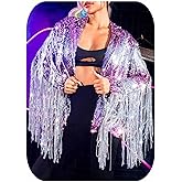 EVILD Women’s Sequin Fringe Jacket Pink Sparkly Blazer Jackets Glitter Tassel Outfits