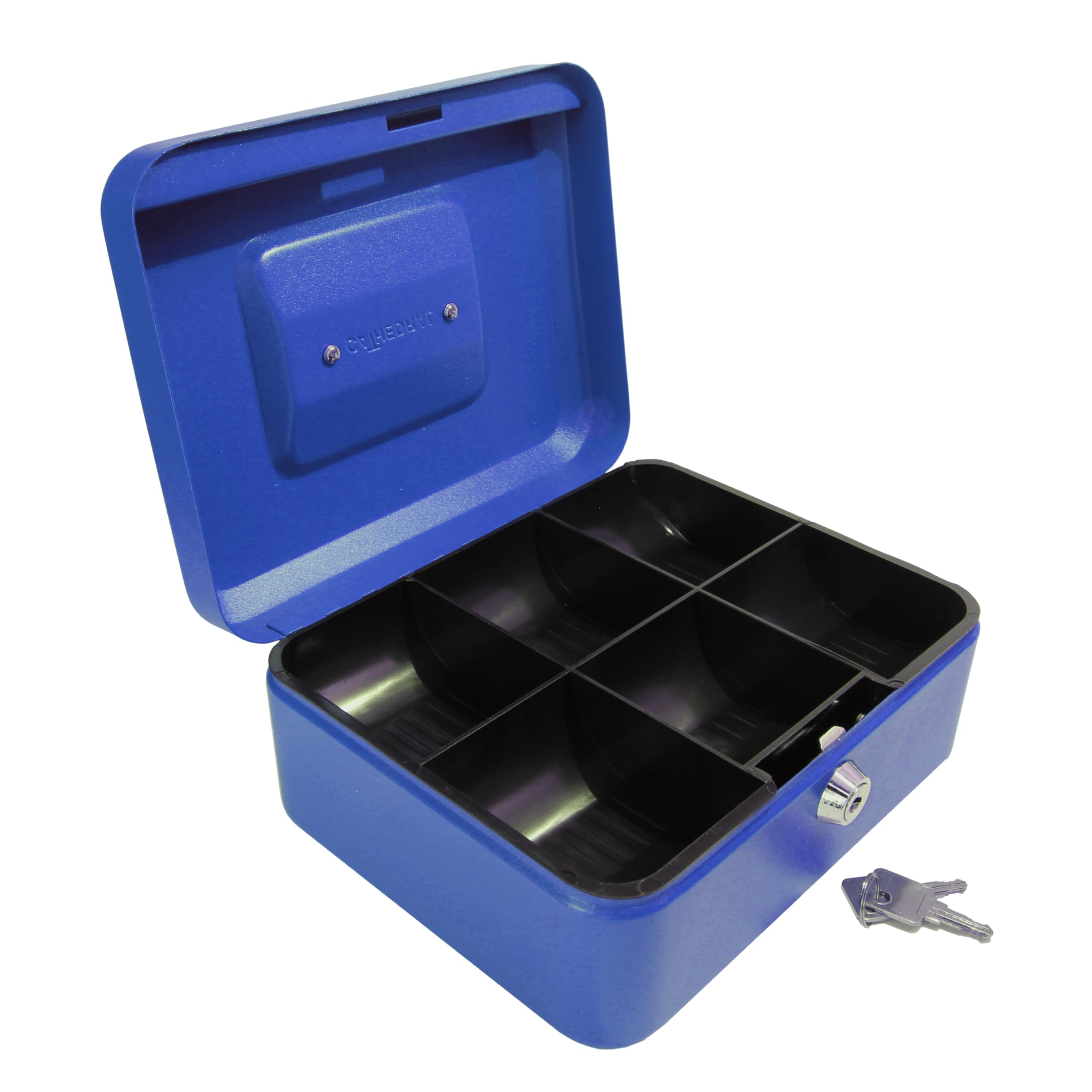 Cathedral Products Key Lockable Cash Box with Lift Out 6 Compartment Coin Tray - 8 Inch - Blue