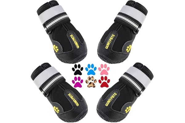 QUMY Dog Boots Waterproof Shoes for Dogs with Reflective Strips Rugged Anti-Slip Sole Black 4PCS (Size 2: 2.4"x1.7"(L*W), Bla