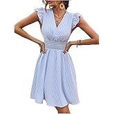 SOLY HUX Women's Summer Party Striped Dress Ruffle V Neck A Line Flowy Beach Mini Dresses