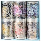 YOUQIWJ Vintage Floral Wide Washi Tape, 6 PET Rolls for Journaling Crafts | 6 wide PET rolls for journaling supplies, scrapbook supplies, junk journals, card making, DIY crafts and gift wrappin