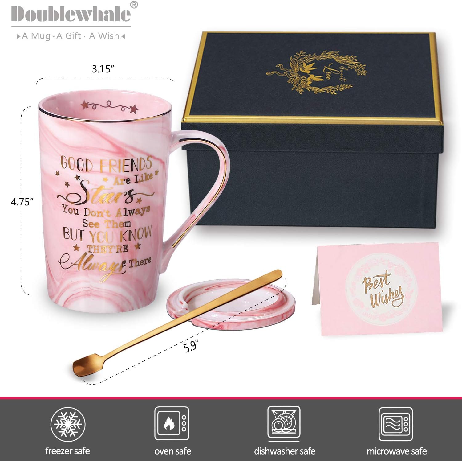 Doublewhale Friend Friendship Gifts Coffee Mug, Good Fiends are Like Stars, 14 Oz Pink Ceramic Marble Mug Tea Cup - Image 3