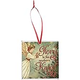 Elanze Designs Glory to The Newborn King Angel Square Green and Red 3.5 x 3.5 Glass Sparkling Christmas Ornament - Festive Holiday Tree Decoration