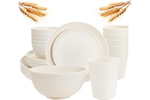 Rubtlamp 24 Pcs Wheat Straw Dinnerware Sets, Unbreakable Reusable Plastic Wheat Straw Bowls & Plates Dinner Set, Microwave And Dishwasher Safe Plates, 12Plates, 6Bowls, 6Cups for Party(Beige)
