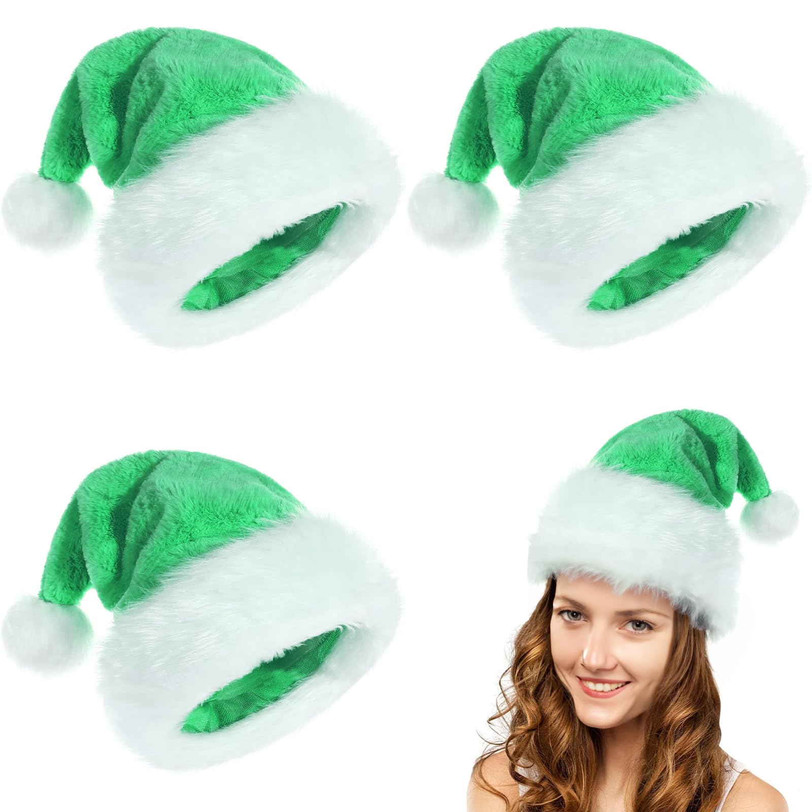 POPOYU 3Pcs Green Christmas Hats for AdultsLuxury Santa Hats Plush Christmas Santa Claus HatsFancy Dress Santa CostumeVelvet Comfy Santa Outfit for New Year Xmas Party SupplyThicken Fur Decoration